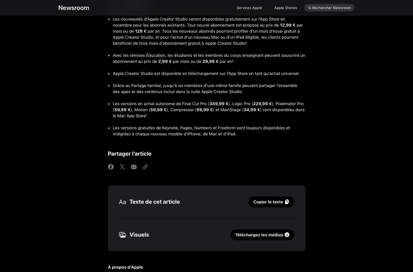 Capture d’écran du communiqué d’Apple du 27 octobre 2026 montrant les prix mensuel et annuel d’Apple Creator Studio et le tarif Éducation