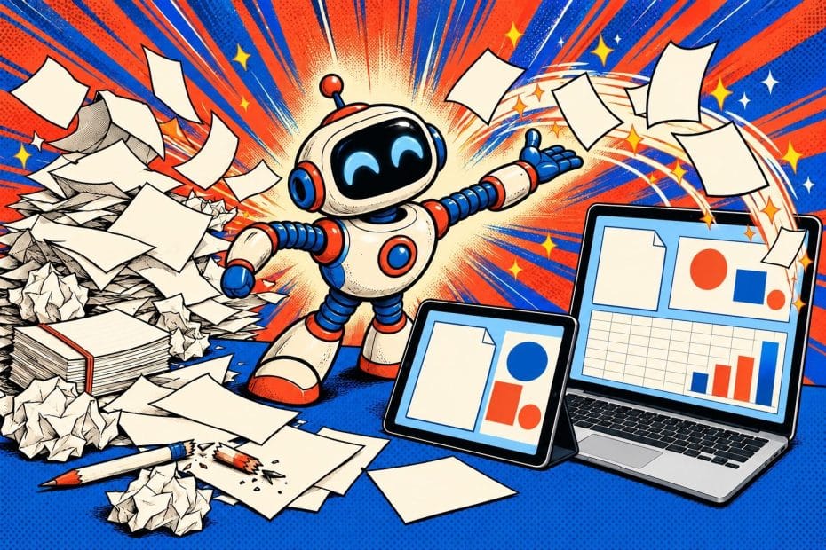 Illustration pop-art en deux volets : à gauche, un tas chaotique de papiers blancs, de brouillons froissés et un crayon cassé ; à droite, le même travail rangé sur une tablette et un ordinateur portable génériques, avec une page vierge, une diapositive vierge et un graphique en barres ; au centre, la mascotte robot rétro balaye les papiers vers les écrans dans une gerbe d’étincelles.