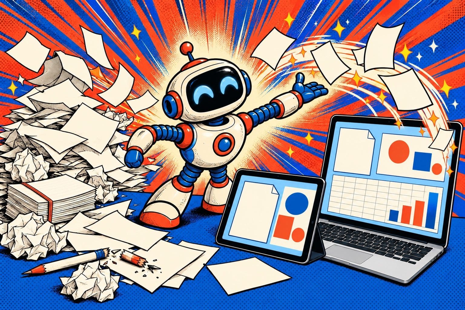 Illustration pop-art en deux volets : à gauche, un tas chaotique de papiers blancs, de brouillons froissés et un crayon cassé ; à droite, le même travail rangé sur une tablette et un ordinateur portable génériques, avec une page vierge, une diapositive vierge et un graphique en barres ; au centre, la mascotte robot rétro balaye les papiers vers les écrans dans une gerbe d’étincelles.