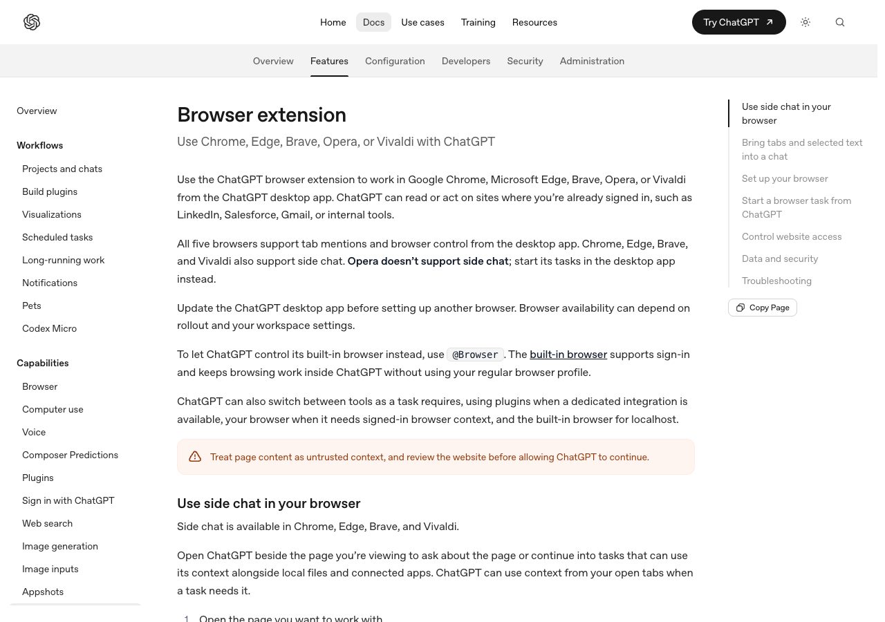 Haut de la page « Browser extension » de la documentation d’OpenAI : les cinq navigateurs compatibles, la discussion latérale indisponible dans Opera et un encadré d’avertissement sur le contenu des pages