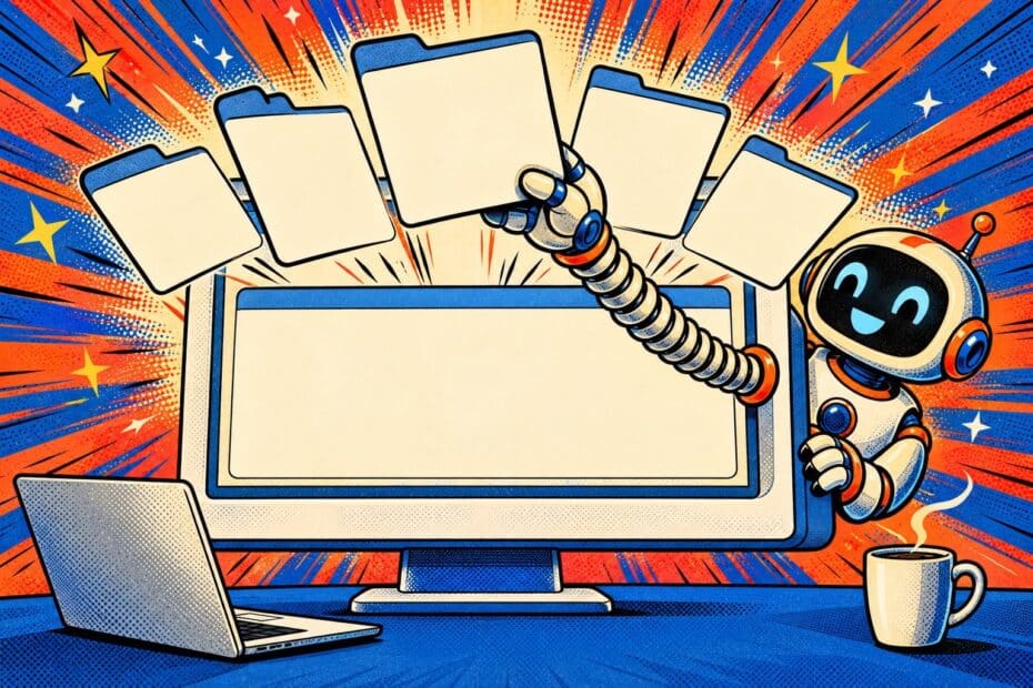 Scène de bande dessinée pop-art : un écran d’ordinateur rétro géant d’où s’envolent comme des cartes des onglets de navigateur vides, un robot souriant qui tend un long bras à ressort pour en attraper une, avec un ordinateur portable et une tasse de café sur le bureau.