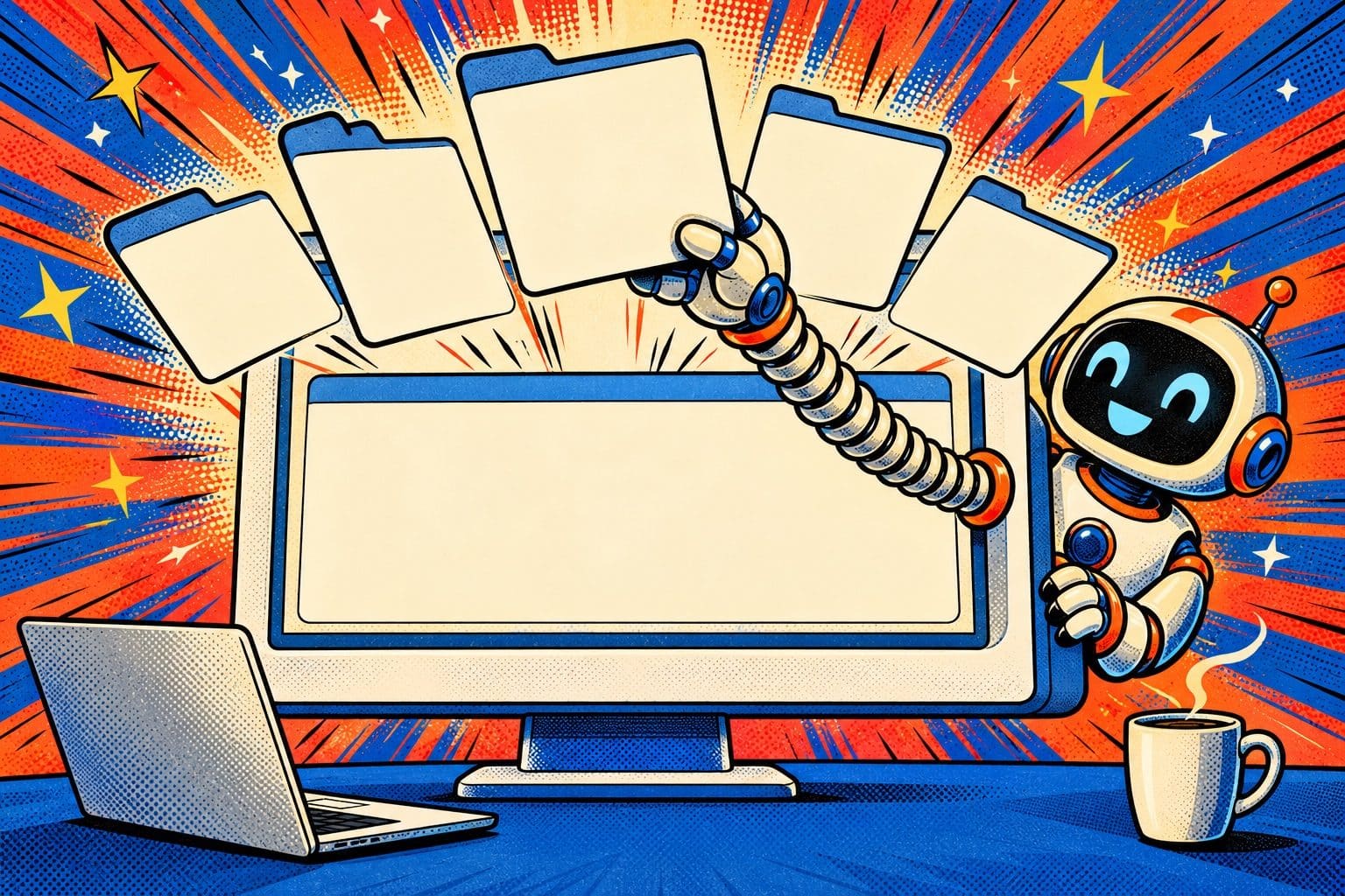 Scène de bande dessinée pop-art : un écran d’ordinateur rétro géant d’où s’envolent comme des cartes des onglets de navigateur vides, un robot souriant qui tend un long bras à ressort pour en attraper une, avec un ordinateur portable et une tasse de café sur le bureau.