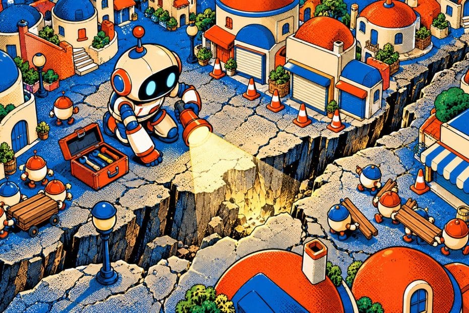 Illustration pop-art vue du dessus : une petite ville dense aux maisons rondes rouges et bleues bâtie sur une immense dalle de pierre fissurée ; la mascotte robot rétro, agenouillée, éclaire la brèche avec une lampe de poche, des volets fermés et des cônes orange se tiennent près de la fissure, et de petits personnages ronds portent des planches pour réparer.