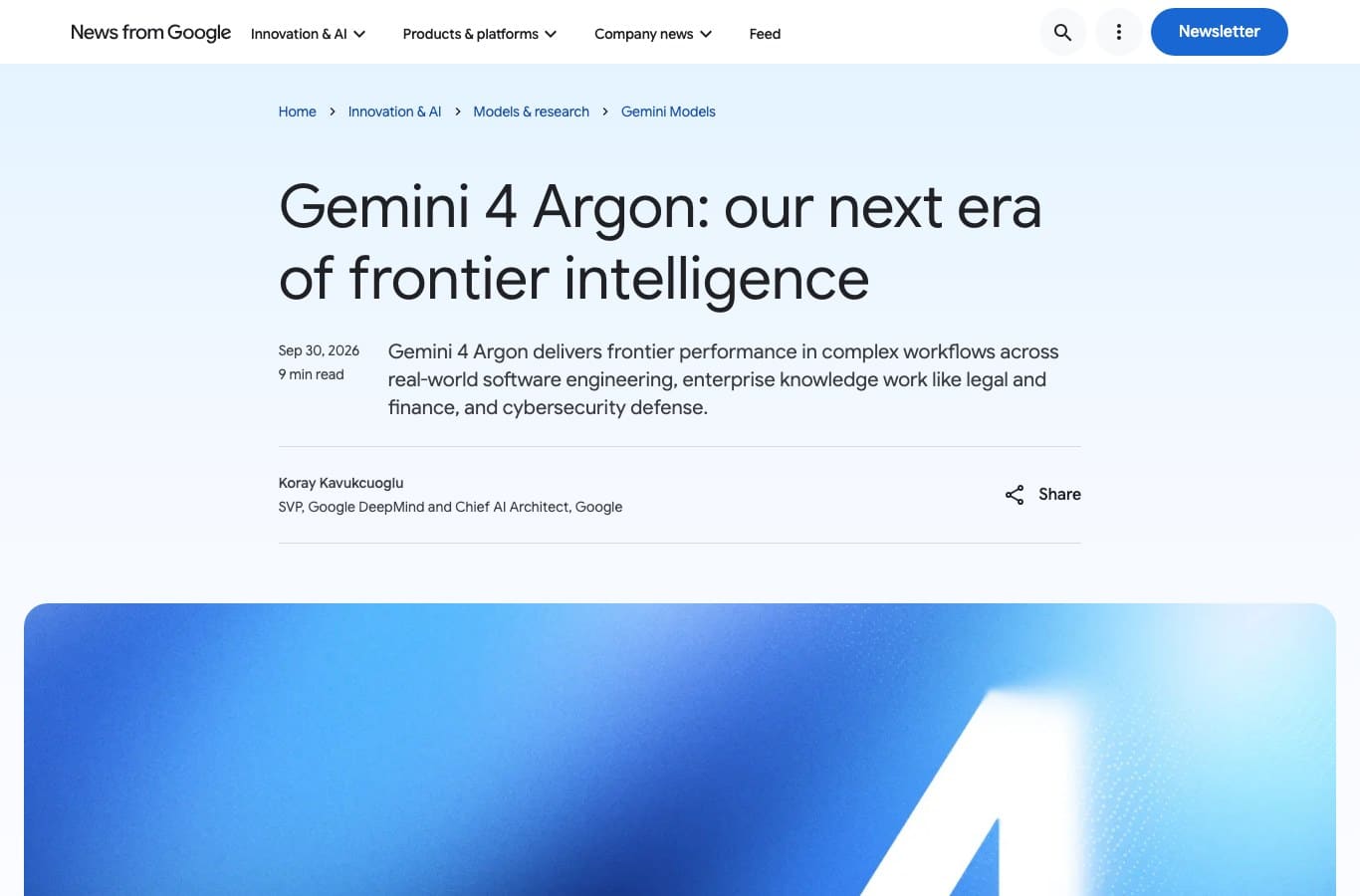 Capture de l'annonce officielle Gemini 4 Argon publiée par Google le 30 septembre 2026 sur son blog