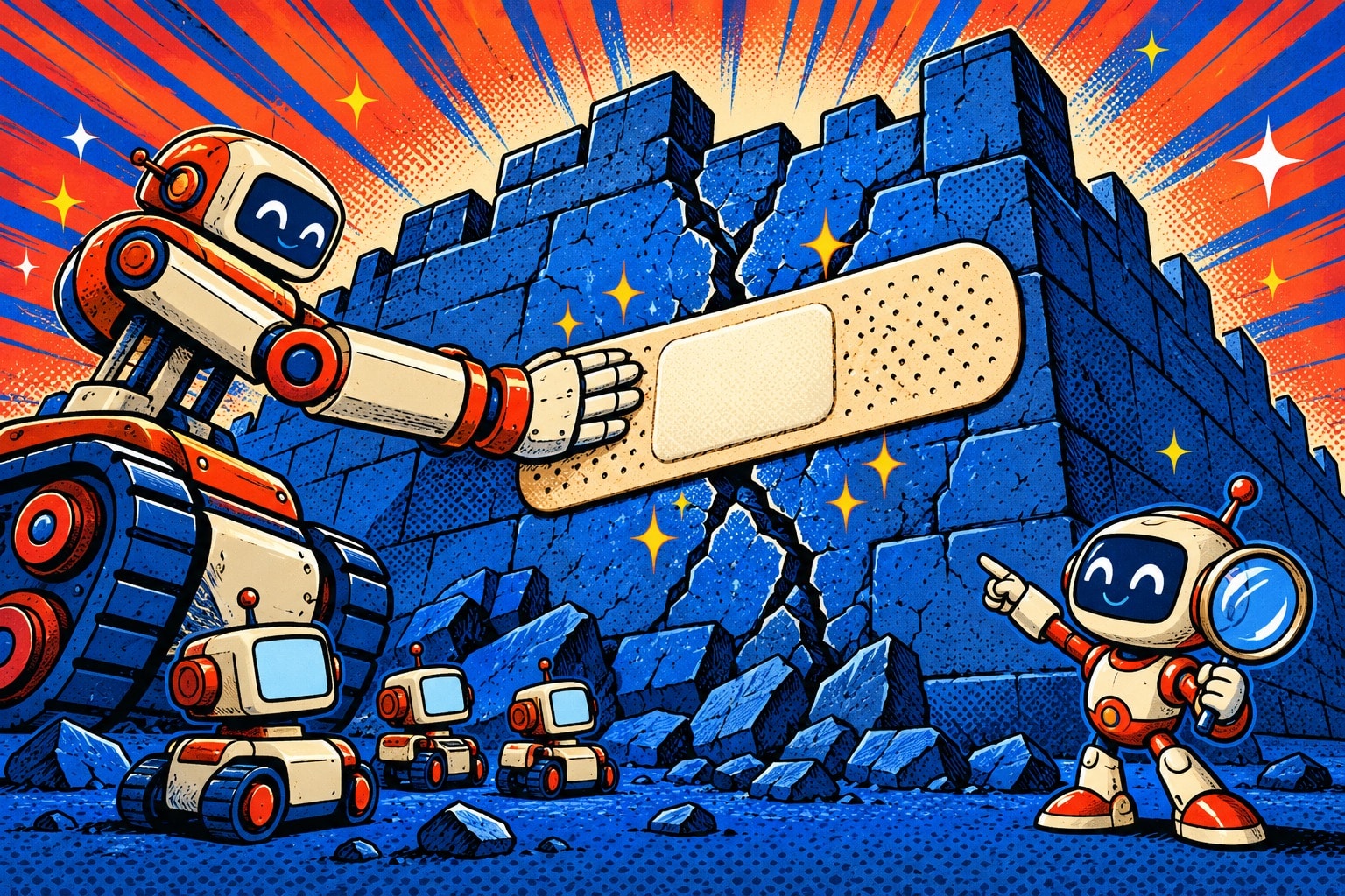 Illustration pop-art : un robot pose une rustine géante sur un mur de données fissuré, pour illustrer l'IA Gemini 4 Argon qui corrige les failles de sécurité