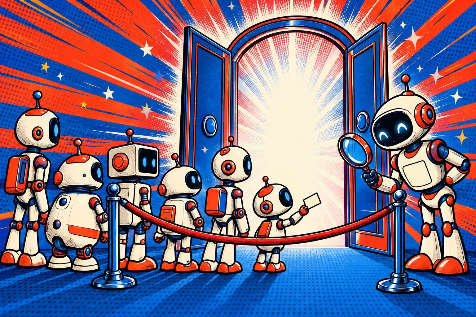 Illustration pop-art : un cordon de velours rouge retient une file de robots devant une porte rayonnante, pour illustrer l'accès réservé de Gemini 4 Argon