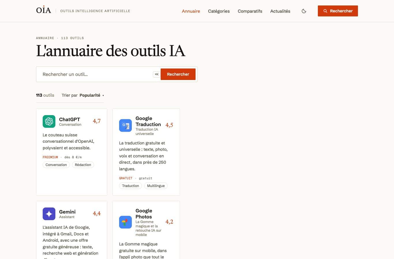 Page annuaire d’OIA affichant 113 outils, avec le champ de recherche, le menu de tri par popularité et les premières fiches.