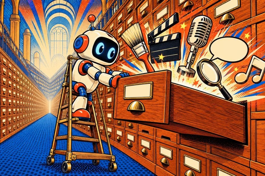 Illustration pop-art en vue large et en perspective : une mascotte robot rétro, juchée sur un escabeau à roulettes, tire le tiroir d’un grand catalogue à fiches en bois d’où jaillissent un pinceau, une claquette de cinéma, un micro vintage, une bulle de dialogue, une loupe et une note de musique.