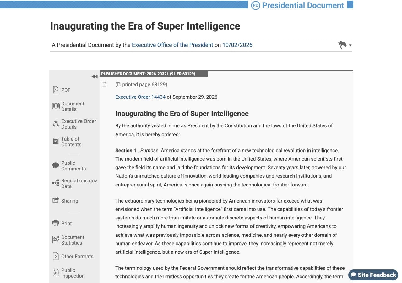 Capture d'écran du Federal Register américain : décret présidentiel 14434 Inaugurating the Era of Super Intelligence, document 2026-20321, 91 FR 63129