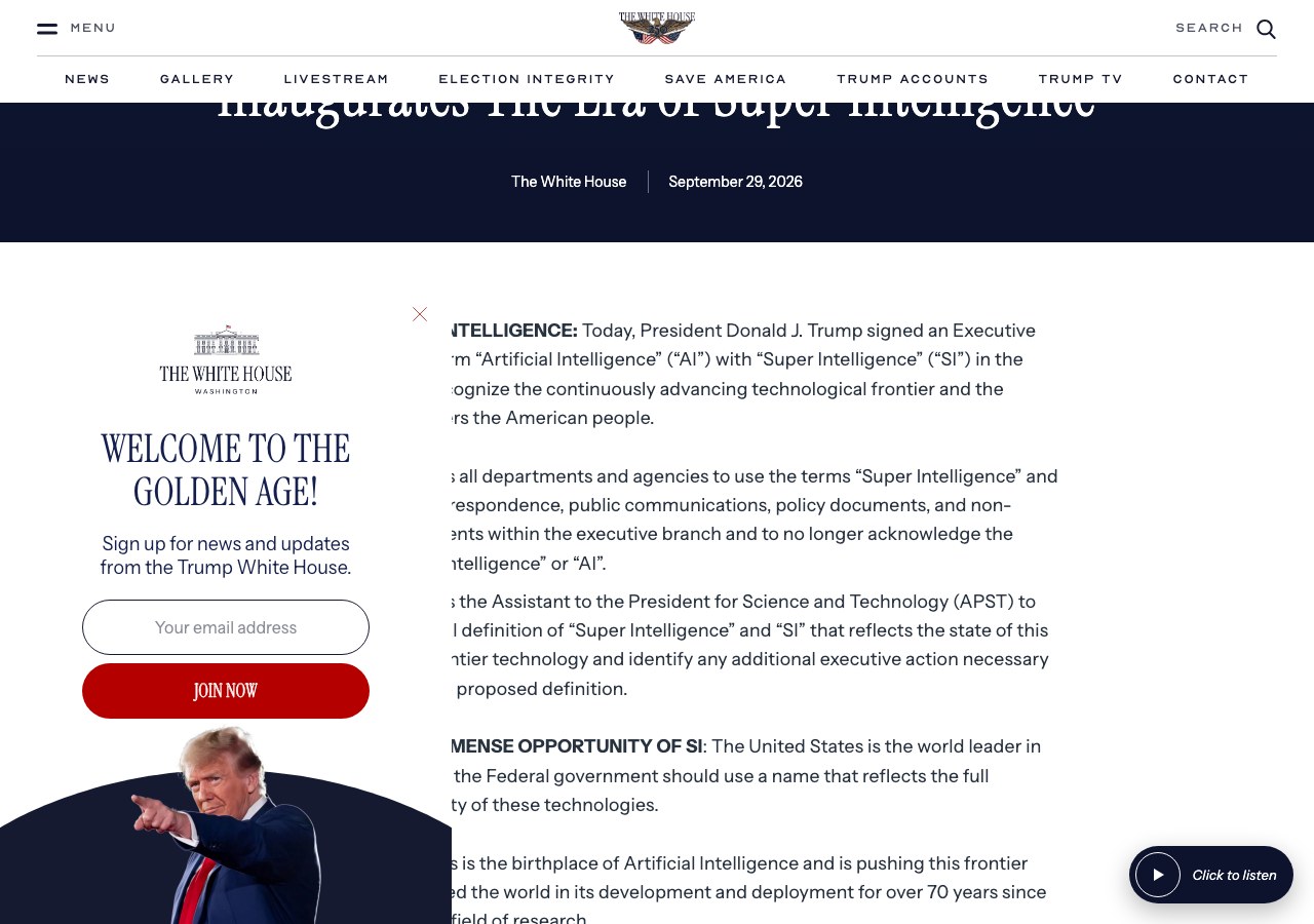 Capture d'écran de la fiche officielle de la Maison-Blanche du 29 septembre 2026 : le président signe un décret remplaçant le terme Artificial Intelligence par Super Intelligence